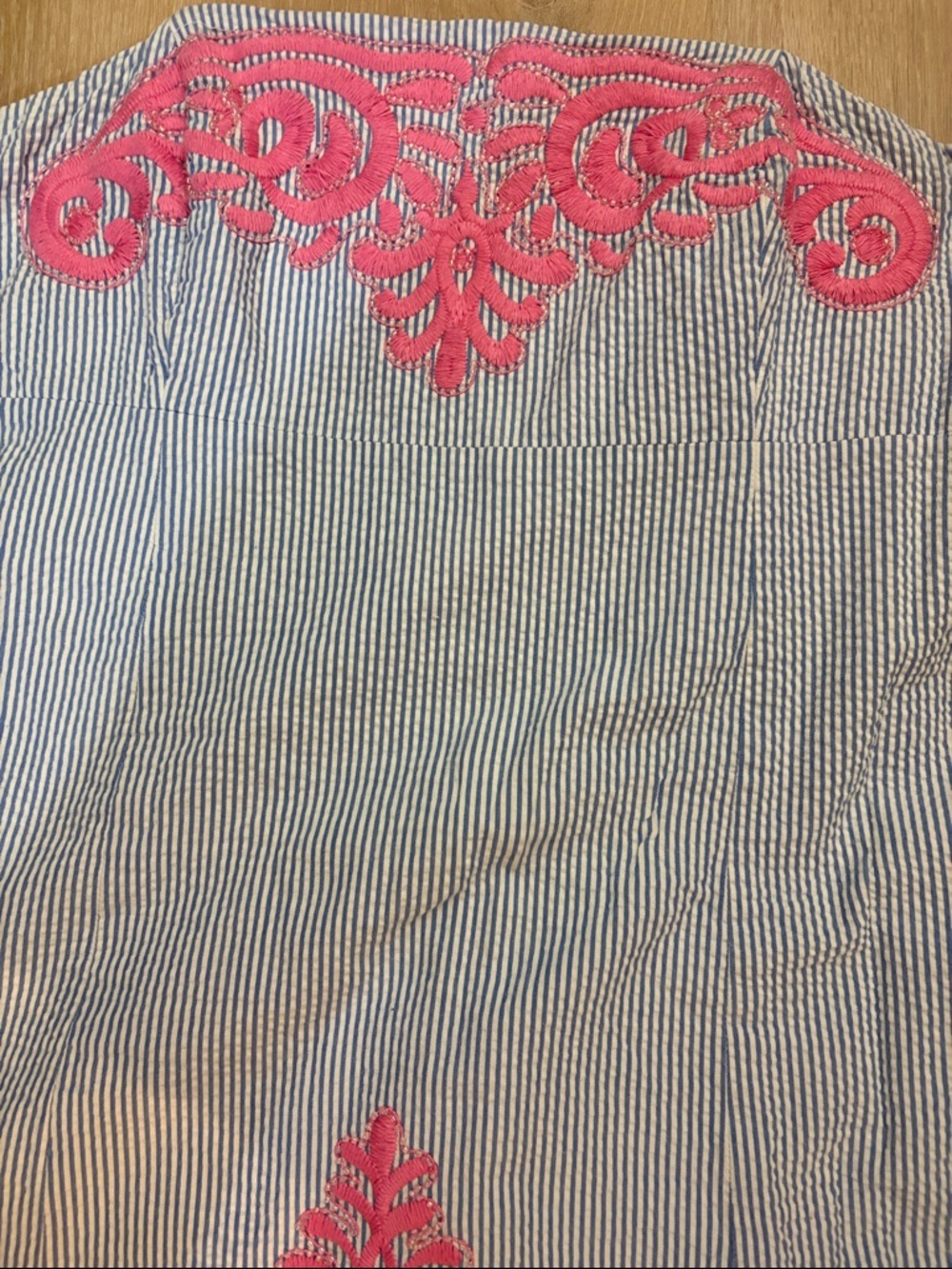 Lilly Pulitzer Blue Seersucker Strapless Dress with Pink Embroidery - Picture 2 of 10
